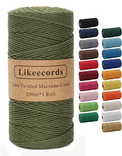 Likeecords Makramee-Schnur 2 mm x 220 Yards, farbiges Makramee-Seil, Baumwollseil, Makramee-Garn, Bunte Baumwoll-Bastelschnur zum Aufhängen, Pflanzenaufhänger, Basteln, Stricken (Armeegrün) von Likeecords