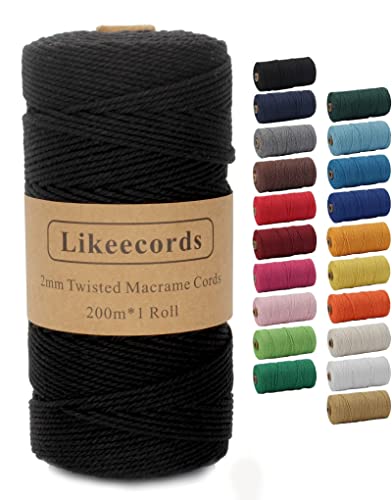 Likeecords Makramee-Schnur 2 mm x 220 Yards, farbiges Makramee-Seil, Baumwollseil, Makramee-Garn, Bunte Baumwoll-Bastelschnur zum Aufhängen, Pflanzenaufhänger, Basteln, Stricken（schwarz） von Likeecords