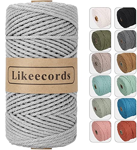 Likeecords Makramee Garn 4mm x 100m,Natürliches Baumwollschnur, Makramee-Seil, Bunte Bastelkordel aus Baumwolle für Taschen, Wandbehänge, Pflanzenaufhänger (hellgrau) von Likeecords