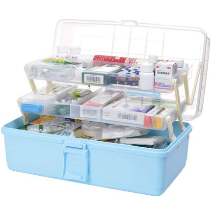 Hausapotheke Schrank, Likeluk Medizinbox Kunststoff 3 Ebene transparente Erste Hilfe Box Multifunktions Sortierkasten mit Griff, 33×18×17.5cm (Hellblau) von Likeluk