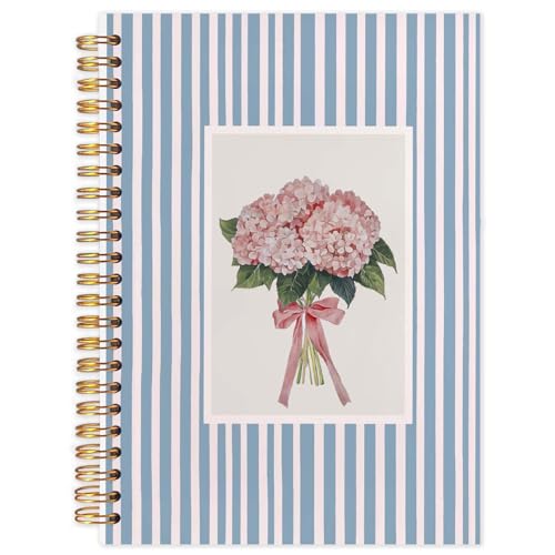 Likjad Pink Hydrangea Floral Spiral Notebook Journal 5.5x8.3, Coquette Bow Hydrangea Flower Striped Journals for Writing, Blue Office Supplies, Floral Hardcover Notebooks for Note Taking(blue stripe) von Likjad