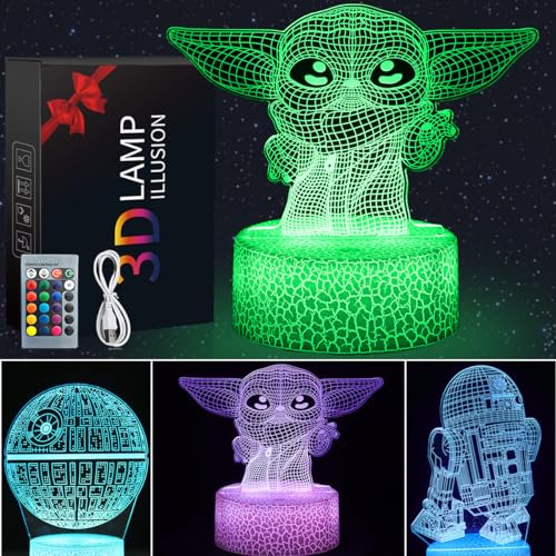 Likohee 3D Illusion Star Wars Nachtlicht für Kinder. 3 Muster Baby Yoda LED-Nachtlampe, Baby Yoda Spielzeug 7 Farben 16 Änderungen, tolle Weihnachtsgeburtstagsgeschenke für Star Wars von Likohee