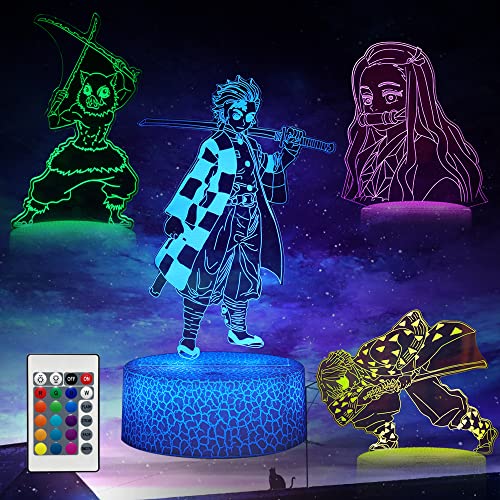 Likohee Demon Slayer 3D-Anime-Dekor-Lampe, Nachtlicht, 4 Muster und 16 Farben, Raumdekor-Lampe mit Fernbedienung, Geburtstags- und Weihnachtsgeschenke für Kinder, Jungen, Mädchen von Likohee