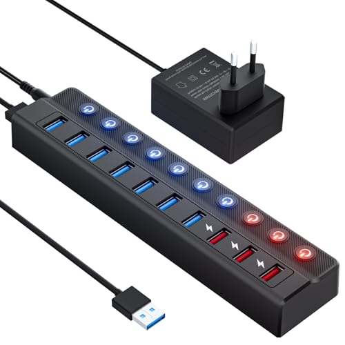 Likorlove USB Hub 3.0 Aktiv mit Netzteil 36W, 10-in-1 USB Hub (7 Ports Daten + 3 Ports Schnellladung) mit Schalter – Adapter für PS5, PC, MacBook, USB-Stick von Likorlove