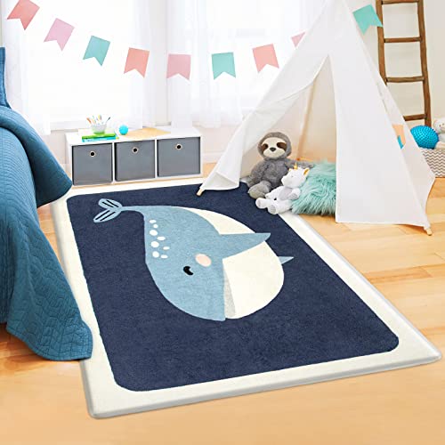 Kinderteppich, Spielmatte, ultraweiche Teppiche für Kinderzimmer, 90x150 cm, rutschfest, niedliche Tiere, Kinderzimmerteppich, Babyteppich, Teppich, Wohnzimmer (blauer Wal, 88.9x149.9 cm ) von Likoyo