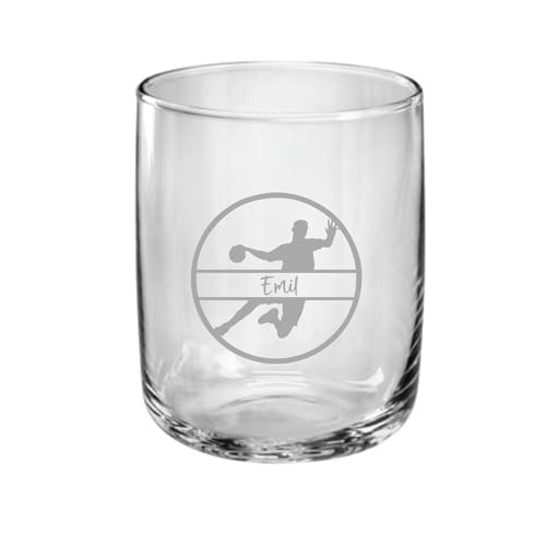 Lila Lotte Trinkglas Handball, Geschenk für Handballer, graviertes Glas mit Namen, personalisiert nach Wunsch, 3 versch. Glasformen, Art.-Nr. HB2 (Glas 3) von Lila Lotte