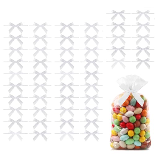 Lilbitty 50pcs kleine Schleifen,Mini Schleifen aus vorgebundenem Satinband,Schleifen zum Binden für Leckerli Tüten,vorgefertigte Schleifen für Geschenk DIY Keks Bonbontüten von Lilbitty