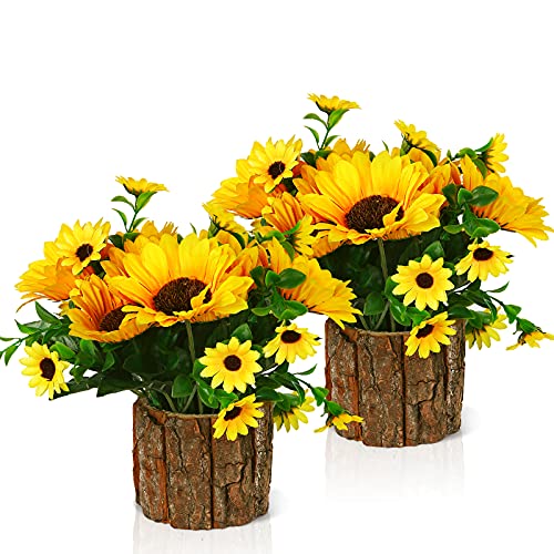 Lilithye Künstliche Blumen Künstliche Seide Sonnenblume Blume in Pflanzgefäßen Blumenvase Kleine Rustikale Topfblumenarrangements Künstlich für Zuhause Outdoor Tischdekoration Set von 2 (Gelb) von Lilithye