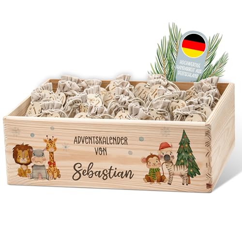 Lilleta ® Personalisierte Adventskiste - Adventskalender 2025 aus Holz mit Namen - Weihnachtskalender für Kinder & Erwachsene (Safarifreunde) von Lilleta