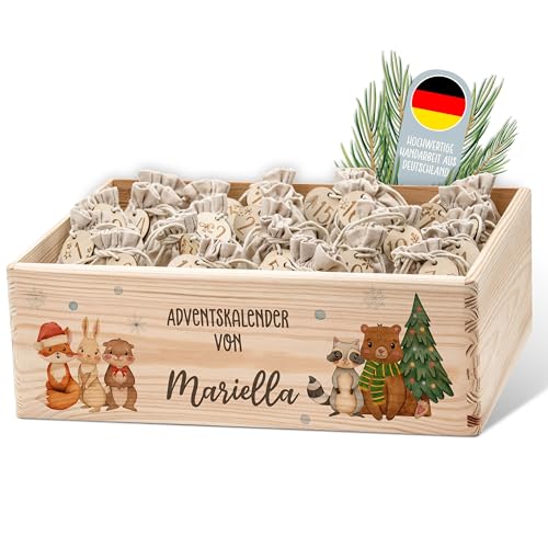 Lilleta ® Personalisierte Adventskiste - Adventskalender 2025 aus Holz mit Namen - Weihnachtskalender für Kinder & Erwachsene (Waldfreunde) von Lilleta