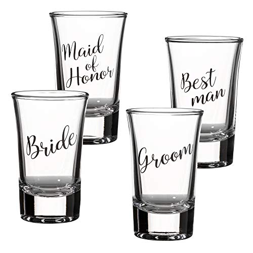Lillian Rose G158 BG Bride, Groom, Maid of Honor, and Best Man Shot Glass Schnapsglas-Set für Braut, Bräutigam, Trauzeugin und Trauzeugen, Glas, farblos von Lillian Rose
