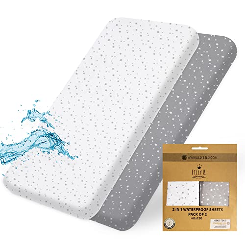 Spannbettlaken 60x120 Baby, Bio-Baumwolle GOTS 2in1-Pack mit 2 Wasserdichten Bettlaken, Verwendet anstelle von Matratzenschoner für Kinderbetten, kompatibel mit Allen Beistellbetten von Lilly Belly