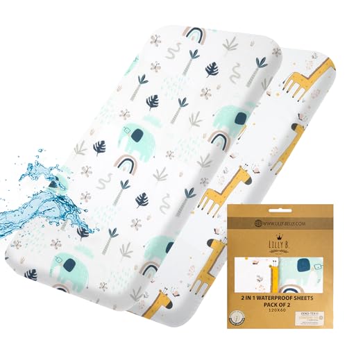 Bettlaken 60x120 Baby, Bio-Baumwolle GOTS 2in1-Packung mit 2 Wasserdichten Bettlaken, Die anstelle des Matratzenschoners verwendet Werden, kompatibel mit Allen Beistellbetten, Mini-Kinderbetten von Lilly Belly