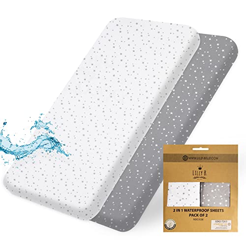 Lilly B. Bio-Baumwolle GOTS 2-in-1-Pack mit 2 Wasserdichten Babybettlaken, verwendet anstelle von Matratzenschoner, kompatibel mit Next2me, Snuzpod & Allen Beistellbetten, Stubenwagen bis zu 90x55cm von Lilly Belly