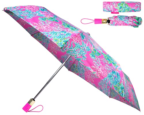 Lilly Pulitzer Damen-Reise-Regenschirm mit automatischem Öffnen/Schließen und Aufbewahrungstasche, Seaing Things, mehrfarbig, Gold von Lilly Pulitzer