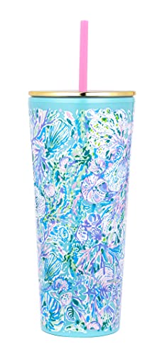 Lilly Pulitzer Doppelwandiger Becher mit Deckel und wiederverwendbarem Strohhalm, isolierter Reisebecher fasst 680 ml, Soleil It On Me von Lilly Pulitzer