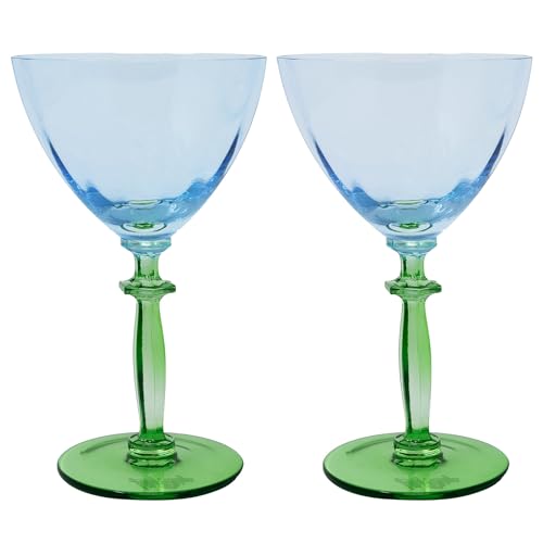 Lilly Pulitzer Farbiges Weinglas-Set mit geformten Stielen, niedliche Cocktail-/Bar-/Coupé-Gläser, 2er-Set (Hortensienblau und Halbinselgrün) von Lilly Pulitzer