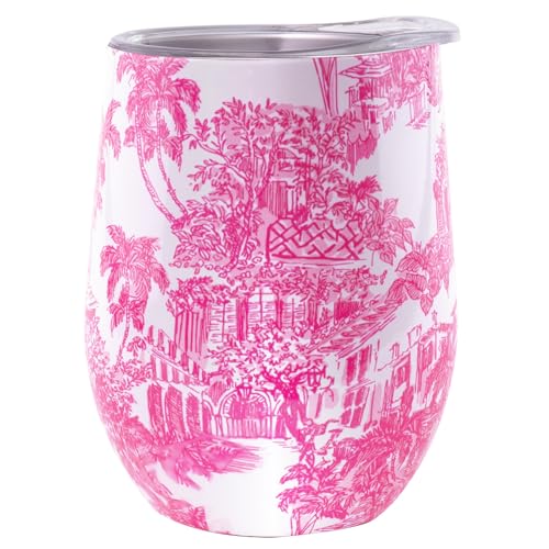 Lilly Pulitzer Isolierter Becher mit Deckel, Edelstahl, Reise-Weinglas, doppelwandiger Metallbecher (Palm Beach Toile) von Lilly Pulitzer