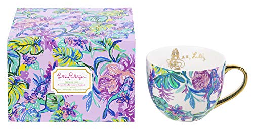 Lilly Pulitzer Kaffee-/Teetasse aus Keramik, mit goldfarbenem Griff und Geschenk-Box, Meerjungfrauen-Motiv im Schatten von Lilly Pulitzer