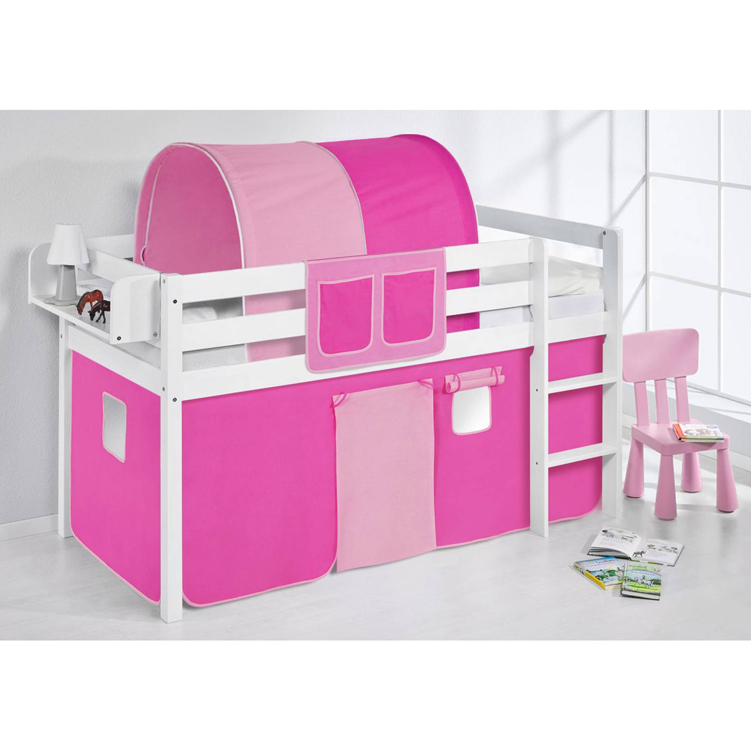 home24 Hochbett Colours 90 x 200cm Weiß/Pink mit Leiter von home24