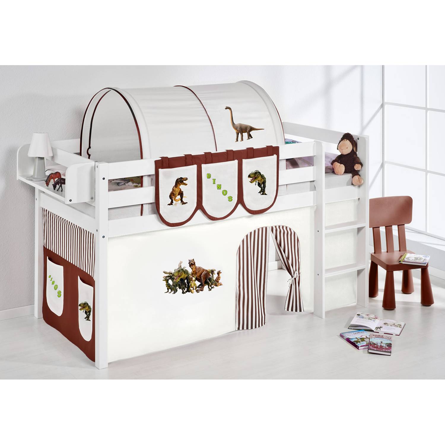 home24 Hochbett Dinos 90 x 190cm Weiß/Braun mit Leiter von home24