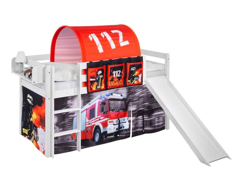 Lilokids Hochbett Feuerwehr Spielbett / Hochbett mit Rutsche und Feuerwehr Vorhang Inkl. Vorhang, Leiter und Rutsche von Lilokids