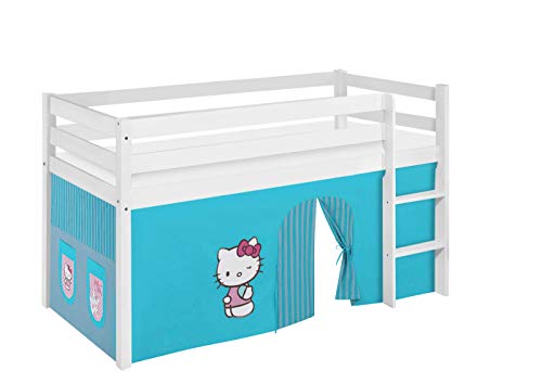 Lilokids Hochbett JELLE 90×200 cm | 90x190 cm – Kinderbett & Spielbett aus Massivholz (Kiefer) inkl. Lattenrost – Verschiedene Markenmotive (Hello Kitty türkis, 90 x 200 cm) von Lilokids