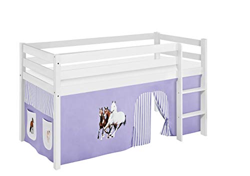 Lilokids Hochbett JELLE 90×200 cm | 90x190 cm – Kinderbett & Spielbett aus Massivholz (Kiefer) inkl. Lattenrost – Verschiedene Markenmotive (Pferd lila, 90 x 190 cm) von Lilokids