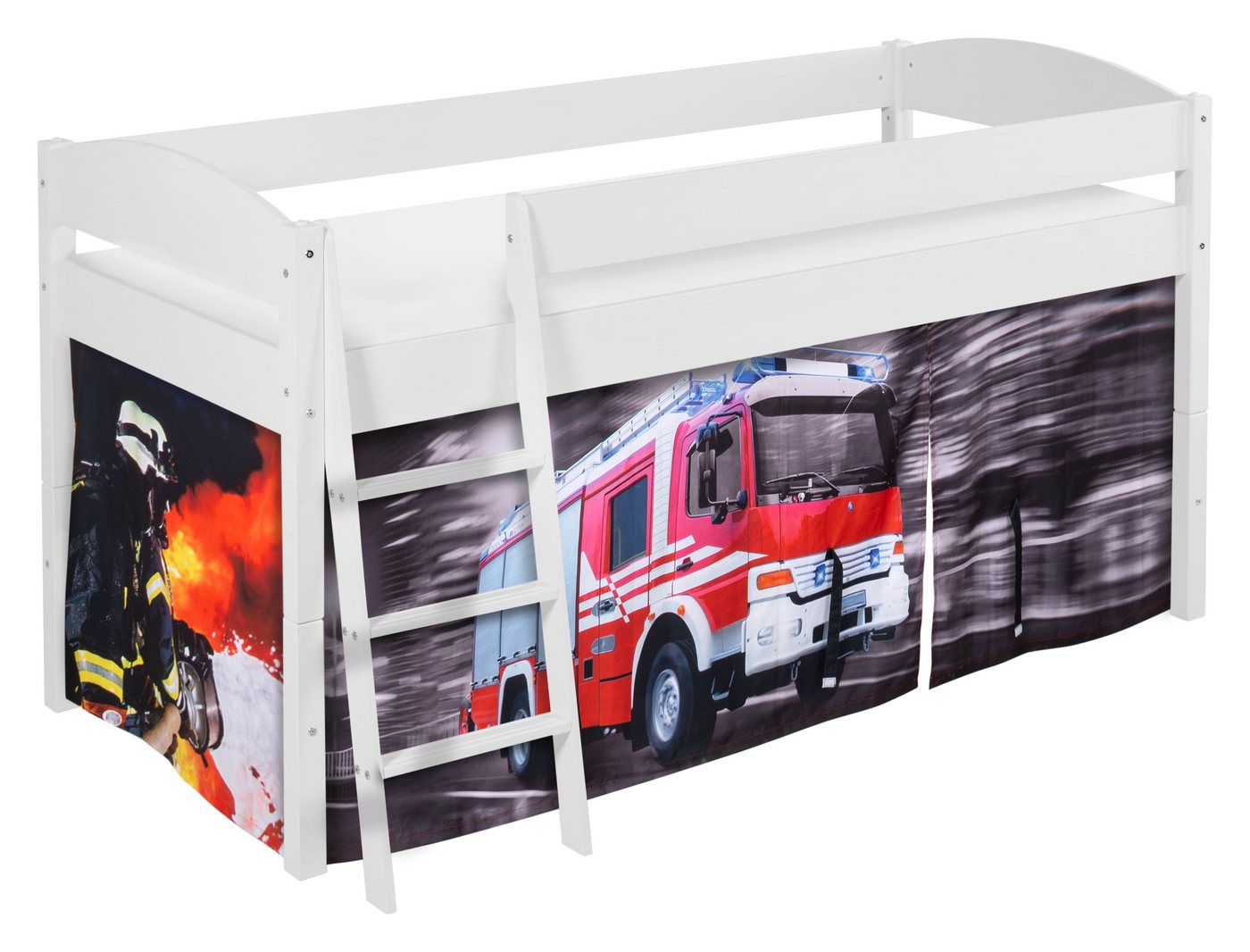 Lilokids Hochbett Kinderbett / Hochbett FEUERWEHR" zum träumen und toben (mit beidseitig montierbarer Leiter und FEUERWEHR Vorhang) waschbarer FEUERWEHRVORHANG inklusive" von Lilokids