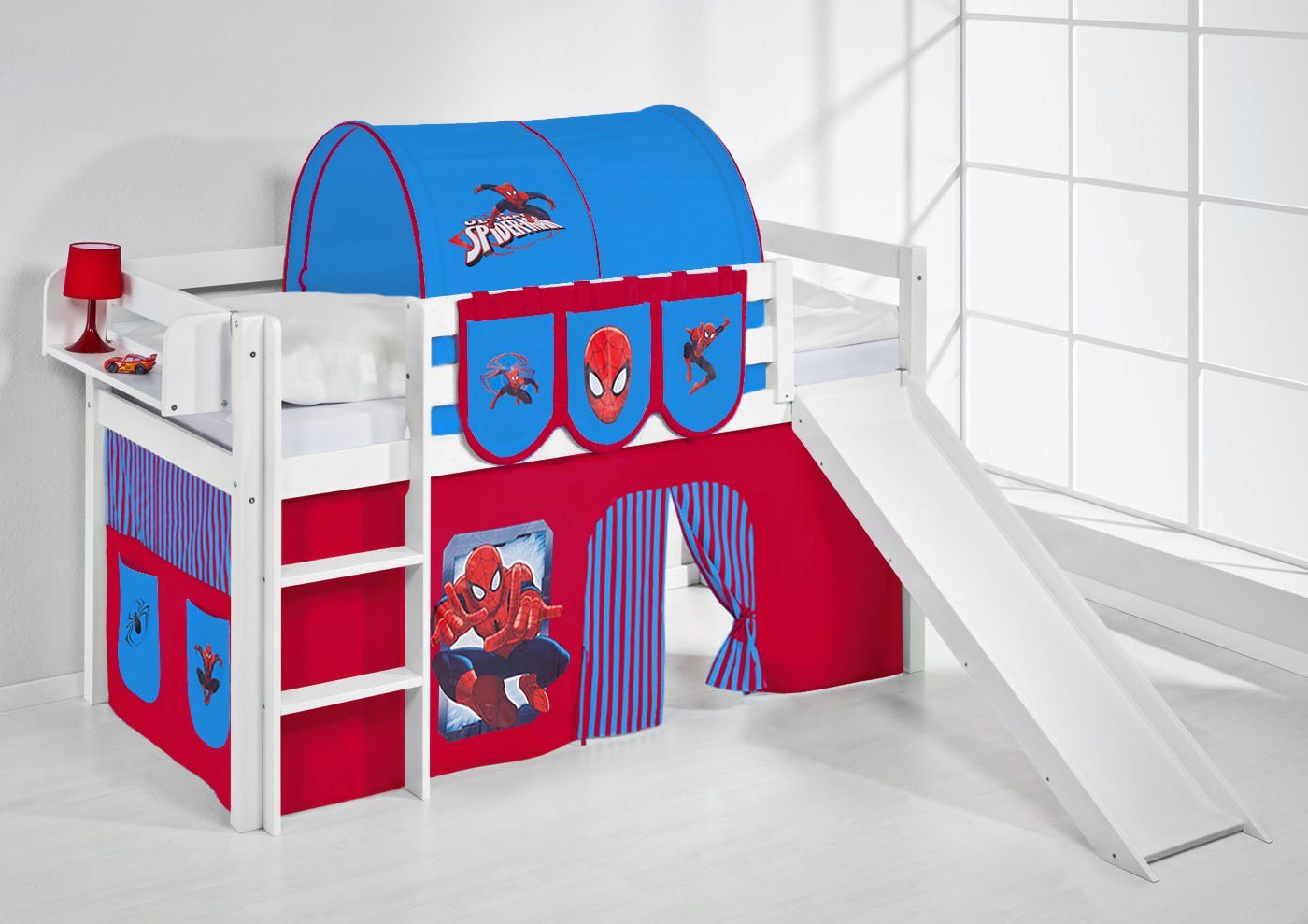 Lilokids Hochbett Spielbett Hochbett LILOKIDS JELLE mit Rutsche und Vorhang Spiderman (inkl. Leiter, Rutsche und Vorhängen) von Lilokids