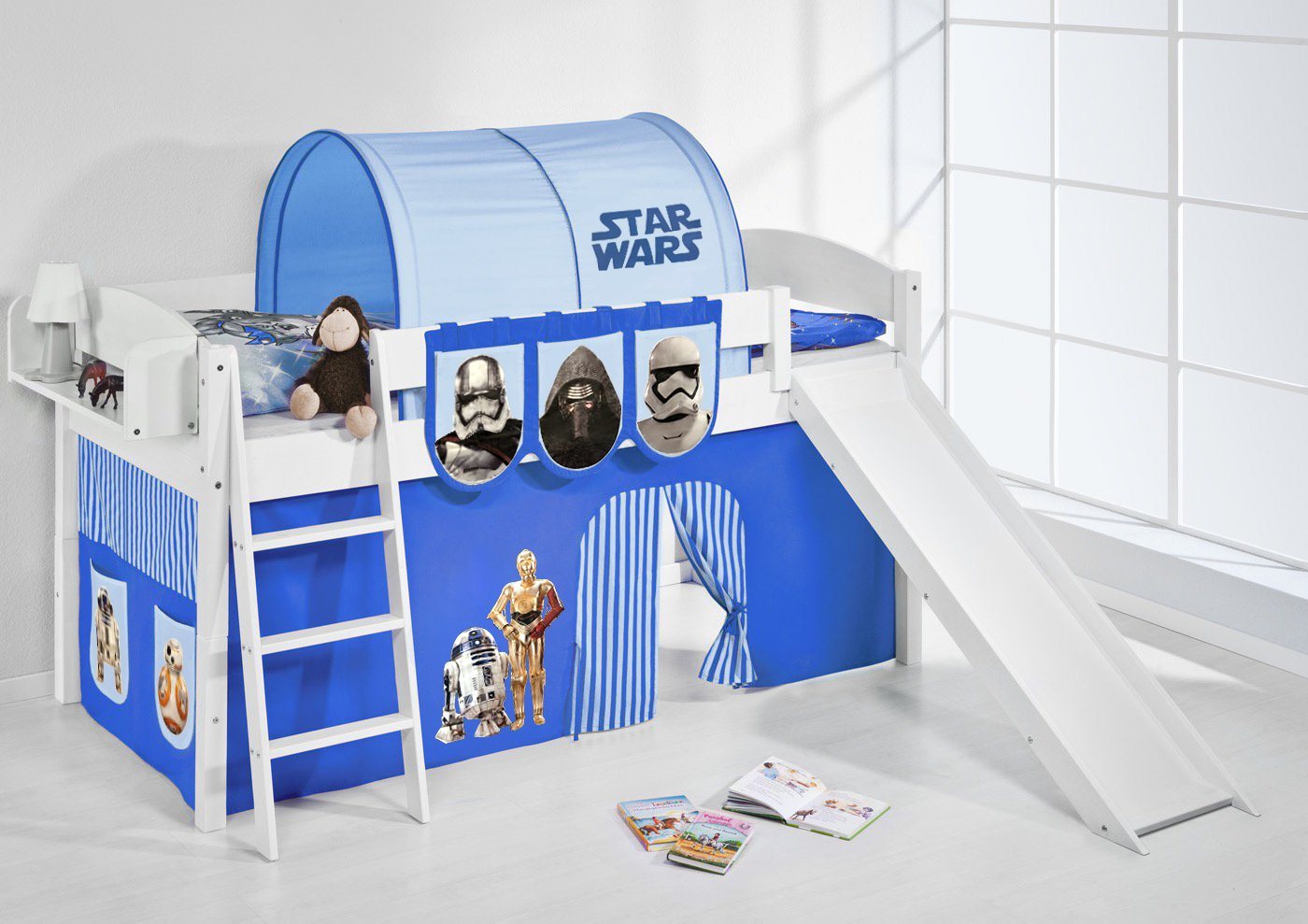 Lilokids Hochbett Spielbett IDA 4105 Star Wars - Teilbares Systemhochbett LILOKIDS - weiß - mit Rutsche und Vorhang umbaubar in Einzelbett, Hochbett oder L-Etagenbett von Lilokids