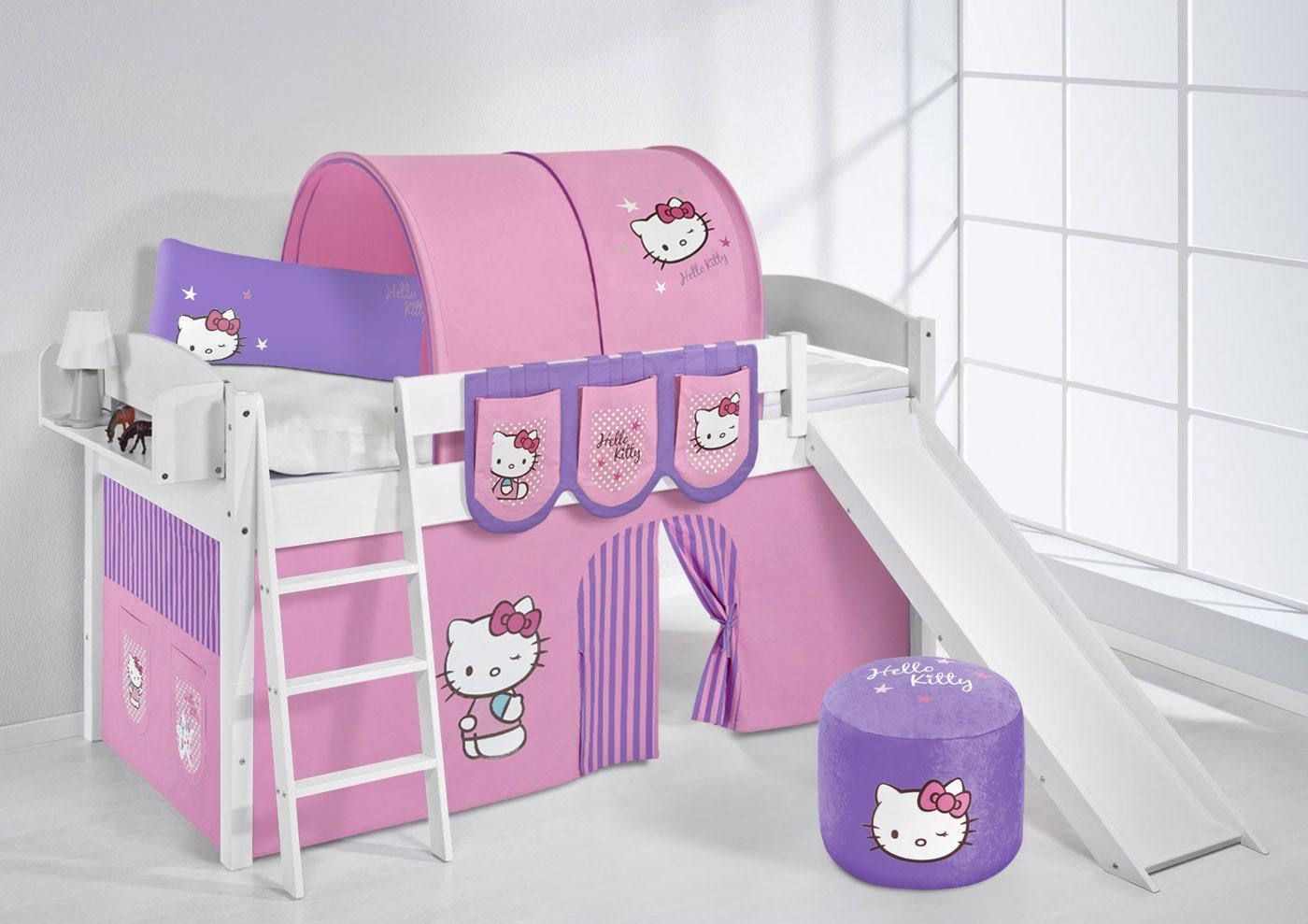 Lilokids Hochbett Spielbett IDA 4106 Hello Kitty - Teilbares Systemhochbett LILOKIDS - weiß - mit Rutsche und Vorhang umbaubar in Einzelbett, Hochbett und L-Etagenbett von Lilokids