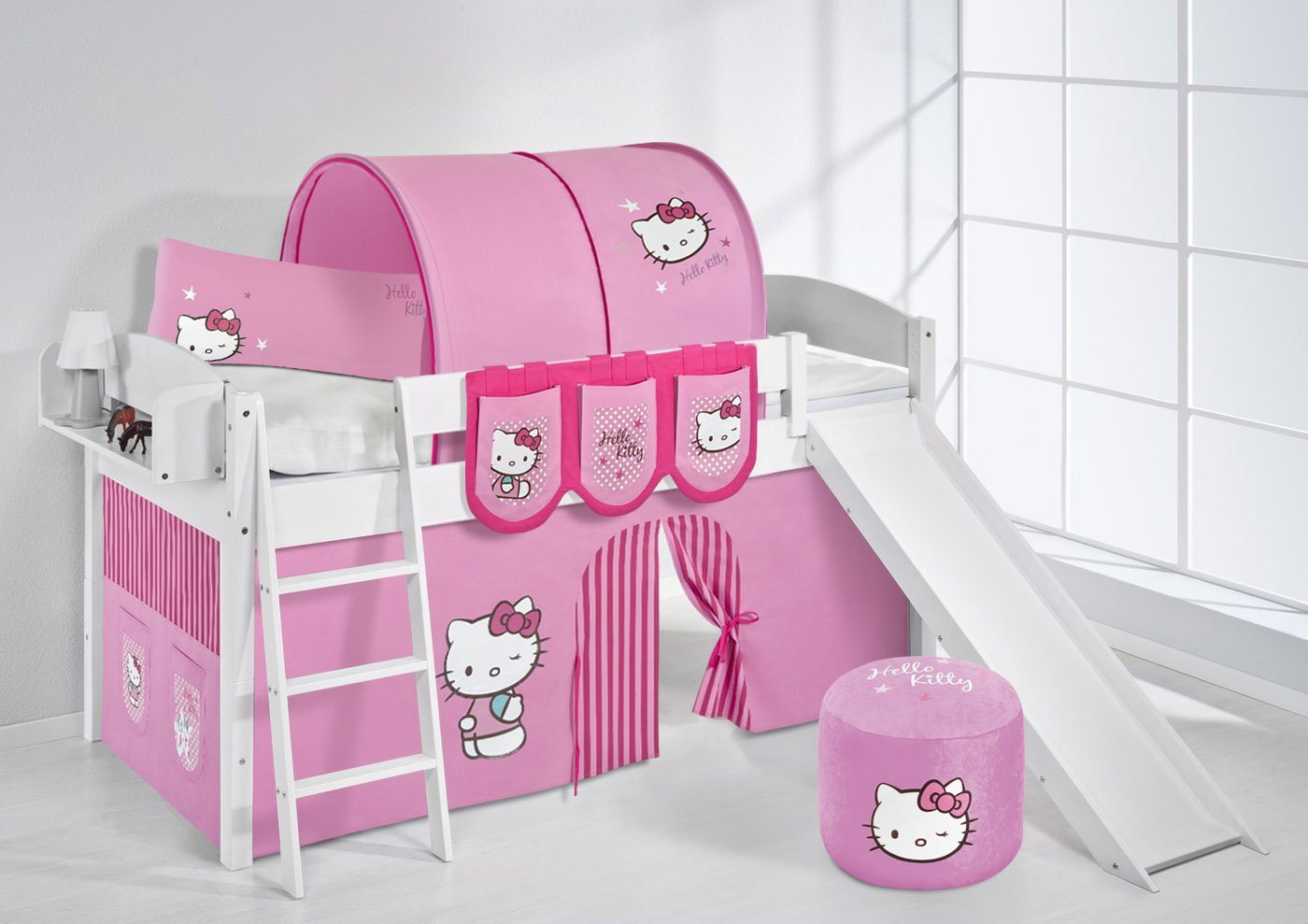 Lilokids Hochbett Spielbett IDA 4106 Hello Kitty - Teilbares Systemhochbett LILOKIDS - weiß - mit Rutsche und Vorhang umbaubar in Einzelbett, Hochbett und L-Etagenbett von Lilokids