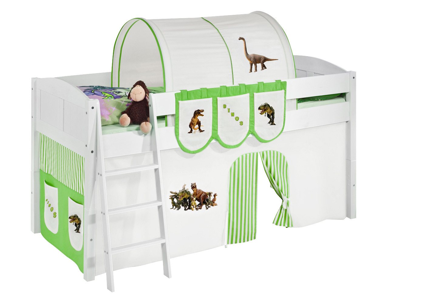 Lilokids Hochbett Spielbett IDA Dinos Braun Beige - Teilbares Systemhochbett LILOKIDS - weiß - mit Vorhang umbaubar in Einzelbett, Hochbett oder L-Etagenbett von Lilokids