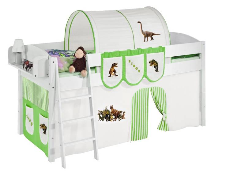 Lilokids Hochbett Spielbett IDA Dinos - Teilbares Systemhochbett weiß mit Vorhang umbaubar in Einzelbett, Hochbett oder L-Etagenbett von Lilokids