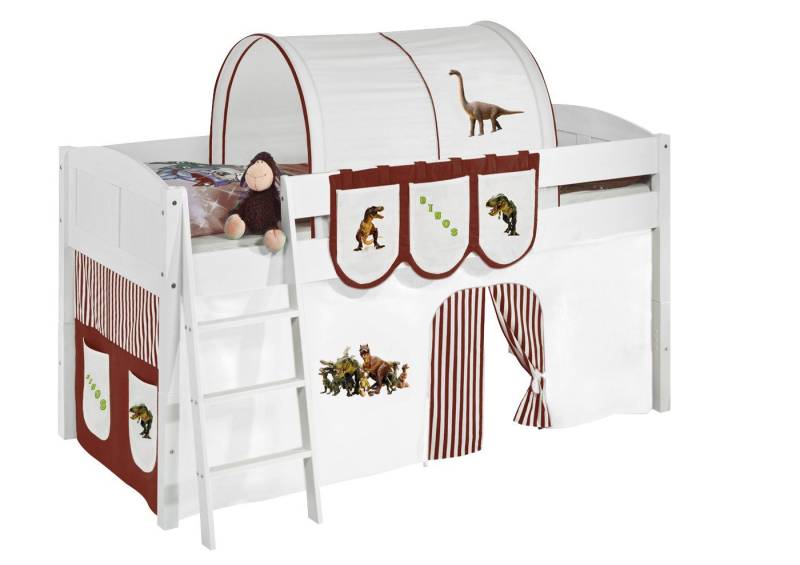Lilokids Hochbett Spielbett IDA Dinos - Teilbares Systemhochbett weiß mit Vorhang umbaubar in Einzelbett, Hochbett oder L-Etagenbett von Lilokids