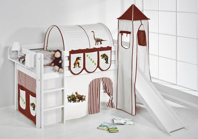 Lilokids Hochbett Spielbett JELLE Dinos - Hochbett - mit Turm, Rutsche und Vorhang Inkl. Rutsche, Vorhang und Turm von Lilokids