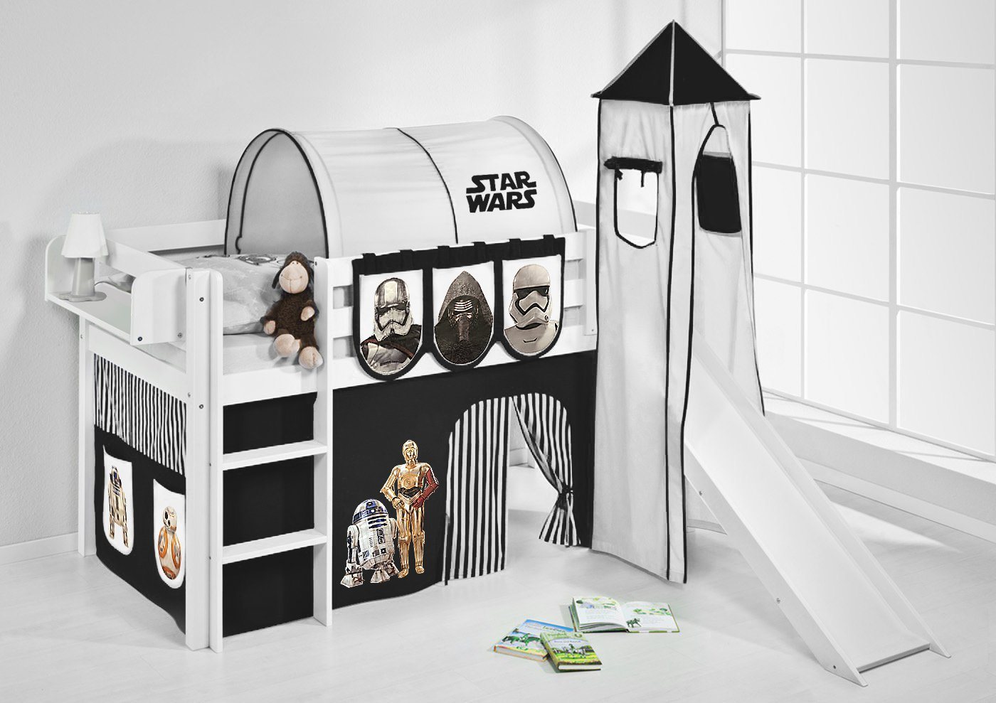 Lilokids Hochbett Spielbett JELLE Star Wars - Hochbett LILOKIDS - weiß - mit Turm, Rutsche und Vorhang von Lilokids