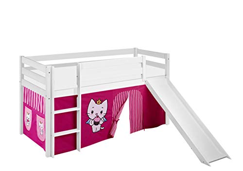 Lilokids Hochbett mit Rutsche JELLE 90×200 cm | 90x190 cm – Kinderbett & Spielbett aus Massivholz (Kiefer) inkl. Lattenrost – Verschiedene Markenmotive (Angel Cat Sugar, 90 x 200 cm) von Lilokids