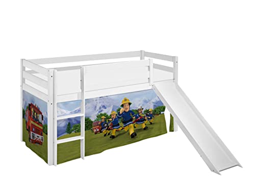 Lilokids Hochbett mit Rutsche JELLE 90×200 cm | 90x190 cm – Kinderbett & Spielbett aus Massivholz (Kiefer) inkl. Lattenrost – Verschiedene Markenmotive (Feuerwehrmann Sam, 90 x 190 cm) von Lilokids