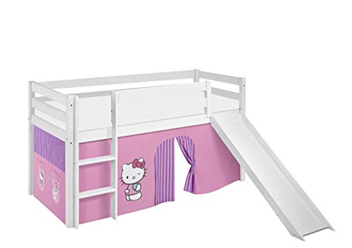 Lilokids Hochbett mit Rutsche JELLE 90×200 cm | 90x190 cm – Kinderbett & Spielbett aus Massivholz (Kiefer) inkl. Lattenrost – Verschiedene Markenmotive (Hello Kitty lila, 90 x 190 cm) von Lilokids