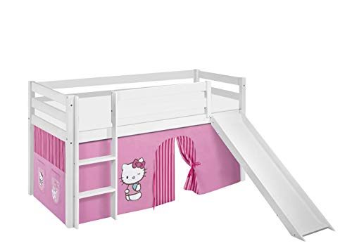 Lilokids Hochbett mit Rutsche JELLE 90×200 cm | 90x190 cm – Kinderbett & Spielbett aus Massivholz (Kiefer) inkl. Lattenrost – Verschiedene Markenmotive (Hello Kitty rosa, 90 x 190 cm) von Lilokids
