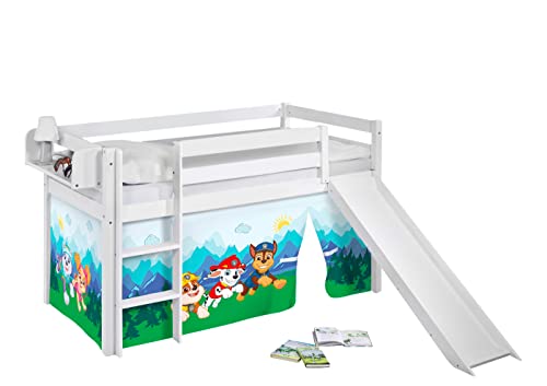 Lilokids Hochbett mit Rutsche JELLE 90×200 cm | 90x190 cm – Kinderbett & Spielbett aus Massivholz (Kiefer) inkl. Lattenrost – Verschiedene Markenmotive (Paw Patrol blau, 90 x 190 cm) von Lilokids