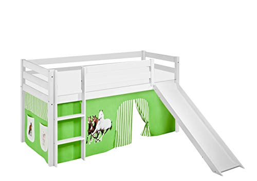 Lilokids Hochbett mit Rutsche JELLE 90×200 cm | 90x190 cm – Kinderbett & Spielbett aus Massivholz (Kiefer) inkl. Lattenrost – Verschiedene Markenmotive (Pferd grün, 90 x 200 cm) von Lilokids