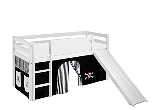Lilokids Hochbett mit Rutsche JELLE 90×200 cm | 90x190 cm – Kinderbett & Spielbett aus Massivholz (Kiefer) inkl. Lattenrost – Verschiedene Markenmotive (Pirat schwarz-Streifen, 90 x 200 cm) von Lilokids