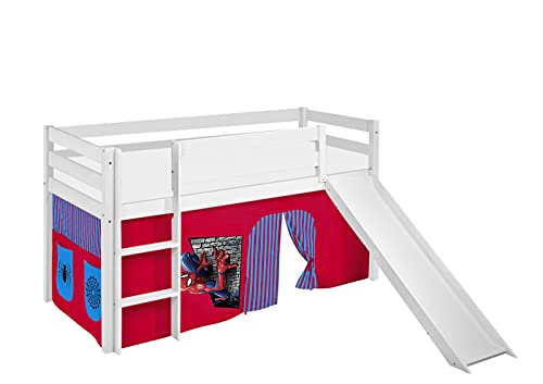Lilokids Hochbett mit Rutsche JELLE 90×200 cm | 90x190 cm – Kinderbett & Spielbett aus Massivholz (Kiefer) inkl. Lattenrost – Verschiedene Markenmotive (Spiderman, 90 x 200 cm) von Lilokids