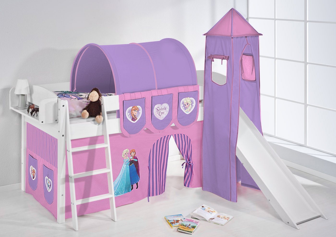 Lilokids Kinderbett Hochbett mit Turm&Rutsche IDA FROZEN Spielbett Eiskönigin Anna & Elsa von Lilokids