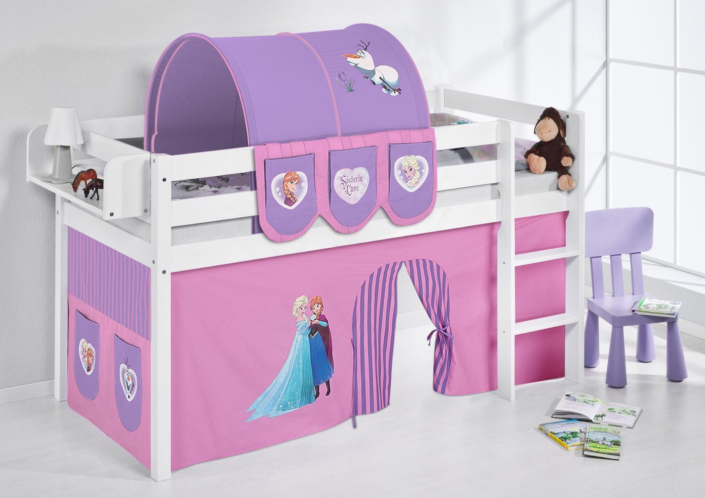 Lilokids Kinderbett Hochbett JELLE 2054 TÜV & GS geprüft weiß Vorhang DISNEY FROZEN LILA Spielbett Eiskönigin Anna & Elsa 200x90 cm von Lilokids