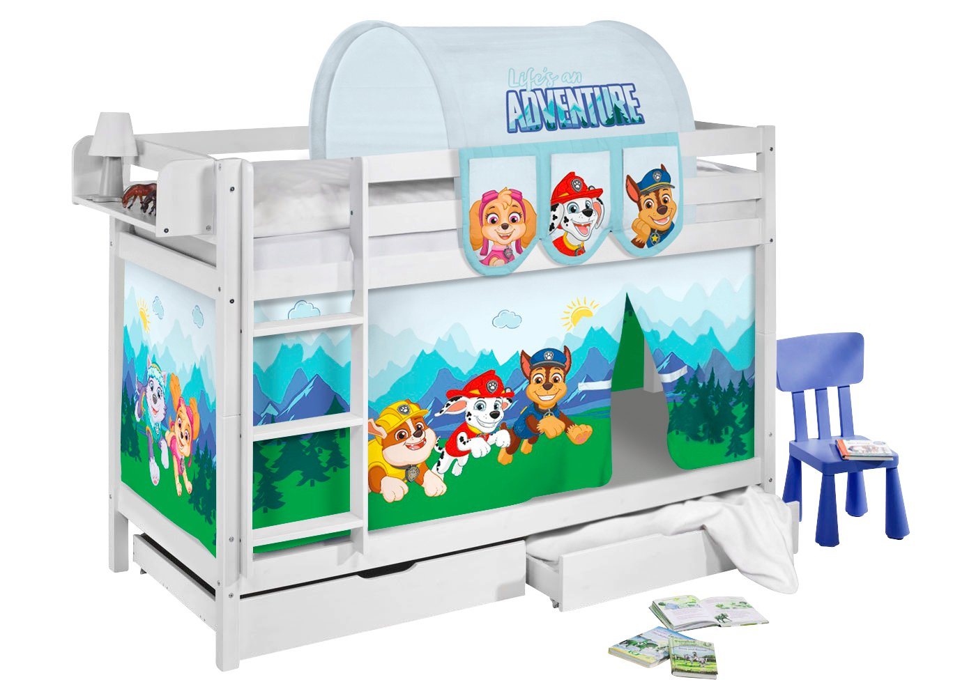 Lilokids Kinderbett Etagenbett JELLE inkl. 2 Lattenroste - GS & TÜV geprüft - mit Vorhang PAW PATROL BLAU - Hochbett 190x90cm von Lilokids