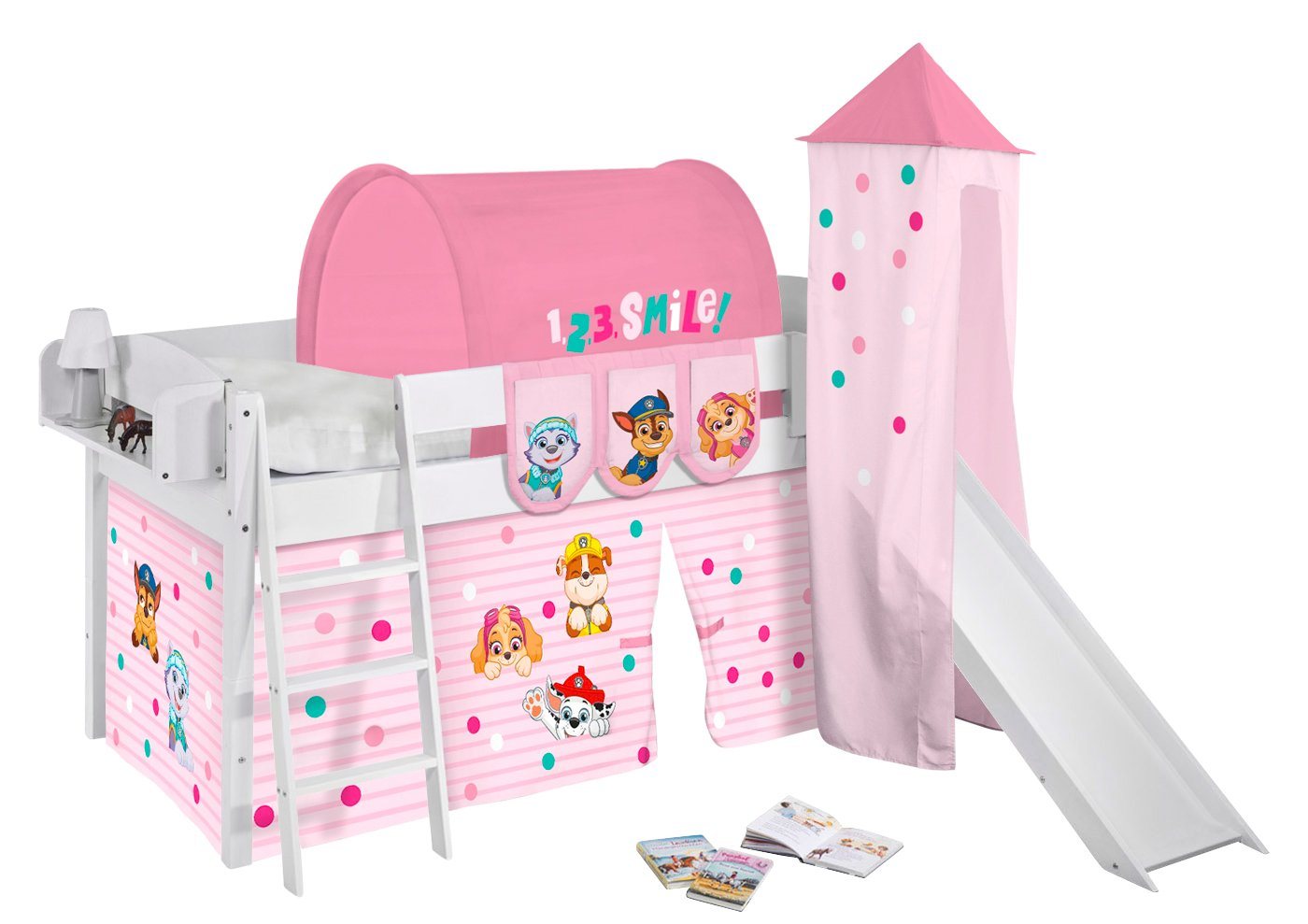 Lilokids Kinderbett Hochbett IDA Classic mit Rutsche, Vorhang & Turm PAW PATROL ROSA Spielbett 200x90cm von Lilokids